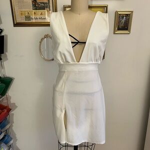 White Formal Plunge Neck Dress